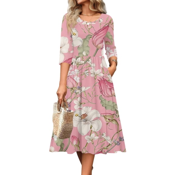 Long Dress Women Printed Long Sleeve Crew Neck Maxi Flowy Dress with Pocket Maxi Long Sleeve Dress, 5-Pink L