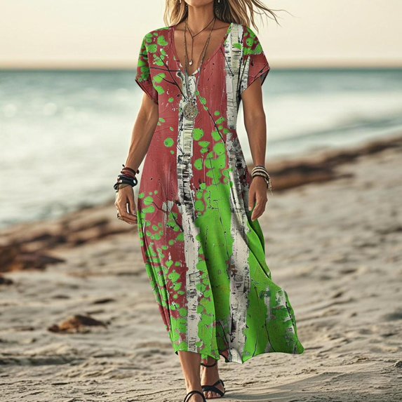 Long Dress for Ladies Summer V-Neck Short Sleeved Printed Beach Floral Tshirt Sundress S