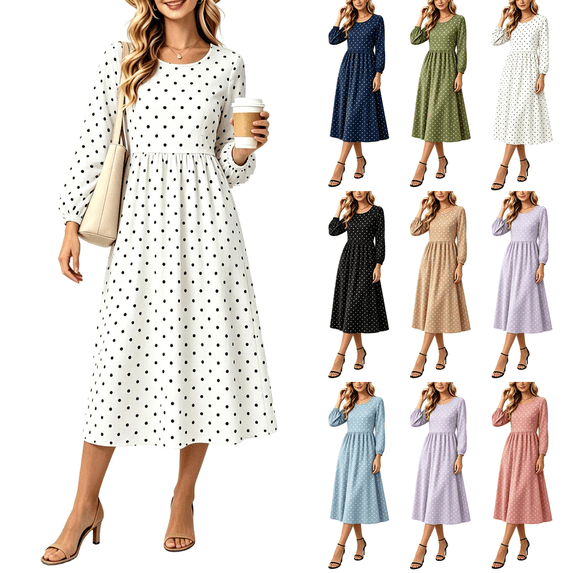 Long Dress for Women Crew Neck Flowy A-Line Flowy Pleated Fall Midi Polka Dot Party Wedding Guest Daily Casual Dress,Sizes S-2XL