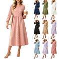 thumbnail image 1 of Long Dress for Women Crew Neck Flowy A-Line Flowy Pleated Fall Midi Polka Dot Party Wedding Guest Daily Casual Dress,Sizes S-2XL, 1 of 4