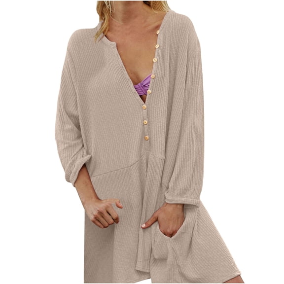 Long Dress for Women Fashion Style Long Sleeve Button Dress Solid Color Spliced Loose V-Neck Pocket A-Line Dress Long Dress for Women Summer