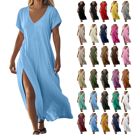Long Dress for Womens Blue Short Sleeved V Neck Cotton and Linen Solid Color Side Slit Dress With Pockets Tshirt Sundress 2XL