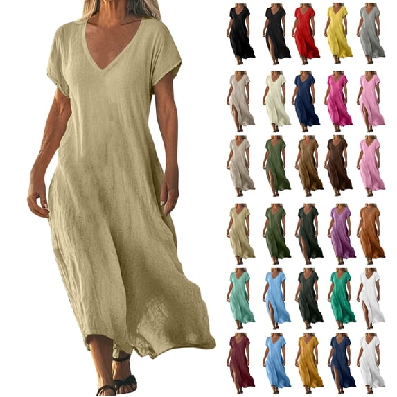 Long Dress for Womens Coffee V-Neck Cotton and Linen Solid Color Short Sleeved Tshirt Sundress 4XL