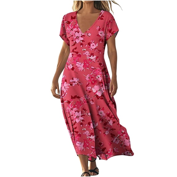 Long Dress for Womens V-Neck Short Sleeved Printed Tshirt Sundress M