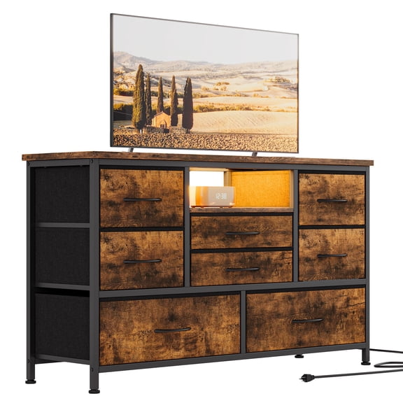 Long Dresser 47.4 Inch TV Stand Up to 50 Inch TV, Wide Console Table 8 Fabric Drawers Dresser with RGB LED Light and Power Outlet, Chest of Drawers for Hallway, Entertainment Center with Storage for L