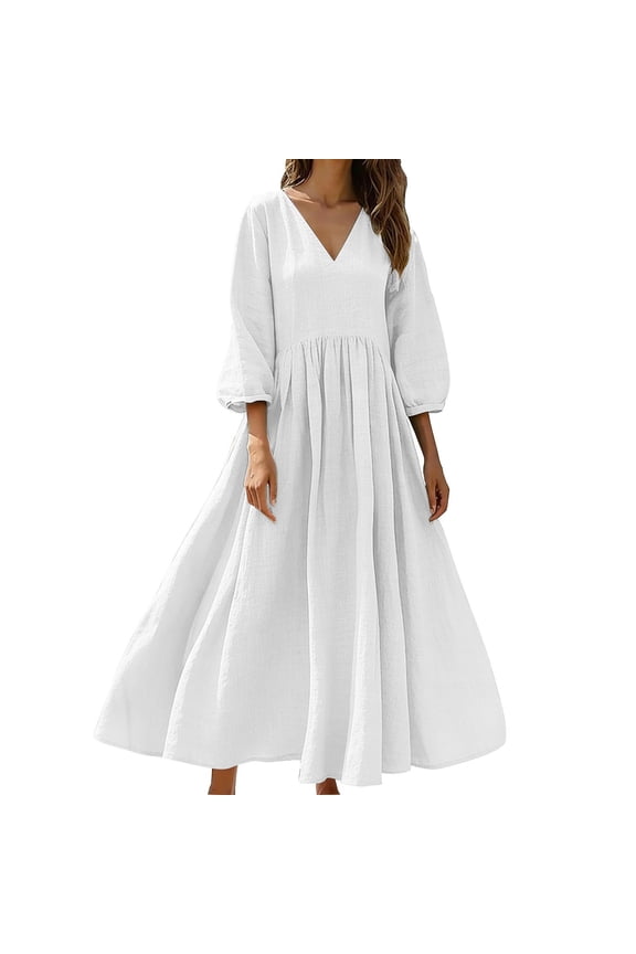 Long Dresses For Women Sevevn Women's Linen Maxi Dress V Neck 3/4 Sleeve Flowy Swing Dress for Summer Beach White S