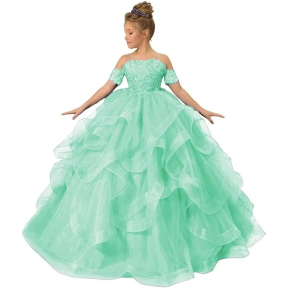 Long Dresses Lace Applique Pageant Dresses for Girls Poofy Flower Girl Dress for Wedding Toddler Ball Gown