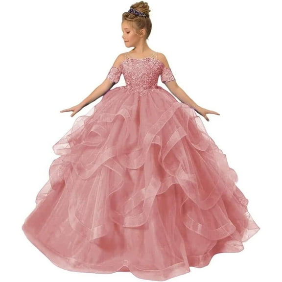 Long Dresses Lace Applique Pageant Dresses for Girls Poofy Flower Girl Dress for Wedding Toddler Ball Gown