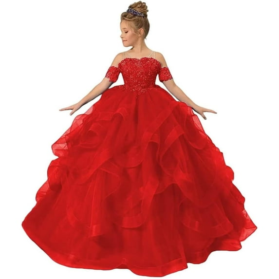 Long Dresses Lace Applique Pageant Dresses for Girls Poofy Flower Girl Dress for Wedding Toddler Ball Gown