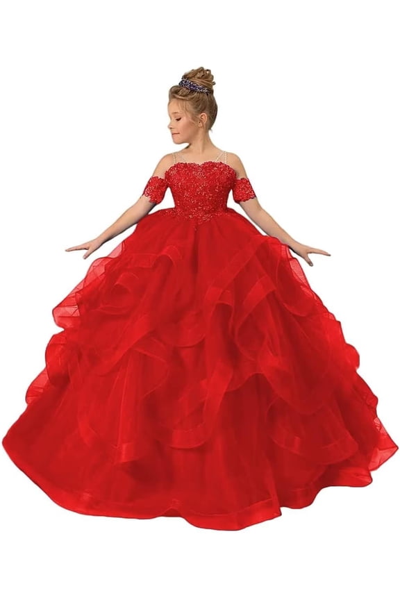 Long Dresses Lace Applique Pageant Dresses for Girls Poofy Flower Girl Dress for Wedding Toddler Ball Gown