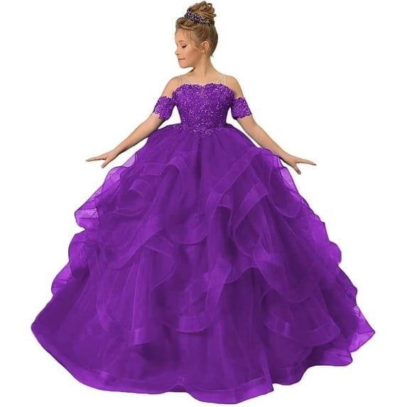 Long Dresses Lace Applique Pageant Dresses for Girls Poofy Flower Girl Dress for Wedding Toddler Ball Gown