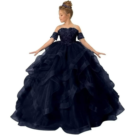 Long Dresses Lace Applique Pageant Dresses for Girls Poofy Flower Girl Dress for Wedding Toddler Ball Gown