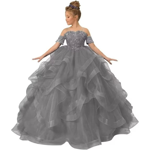 Long Dresses Lace Applique Pageant Dresses for Girls Poofy Flower Girl Dress for Wedding Toddler Ball Gown