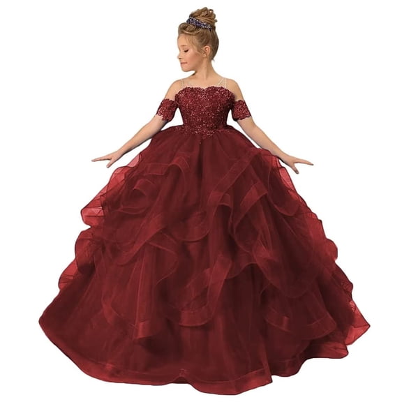 Long Dresses Lace Applique Pageant Dresses for Girls Poofy Flower Girl Dress for Wedding Toddler Ball Gown