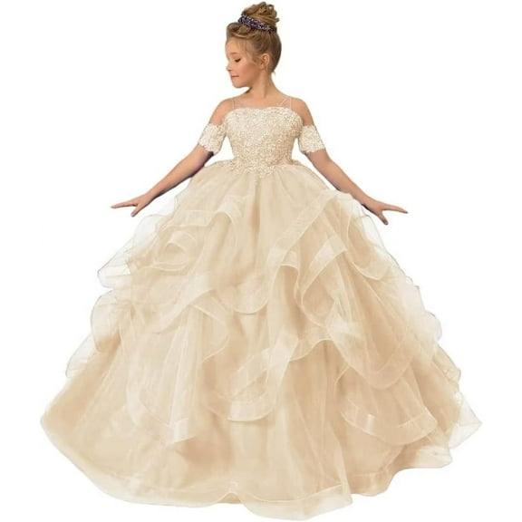 Long Dresses Lace Applique Pageant Dresses for Girls Poofy Flower Girl Dress for Wedding Toddler Ball Gown