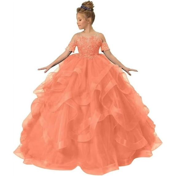 Long Dresses Lace Applique Pageant Dresses for Girls Poofy Flower Girl Dress for Wedding Toddler Ball Gown