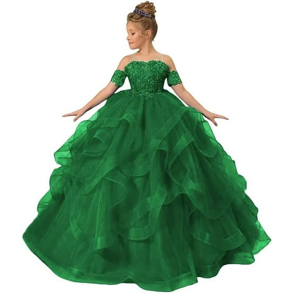 Long Dresses Lace Applique Pageant Dresses for Girls Poofy Flower Girl Dress for Wedding Toddler Ball Gown