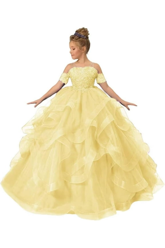 Long Dresses Lace Applique Pageant Dresses for Girls Poofy Flower Girl Dress for Wedding Toddler Ball Gown