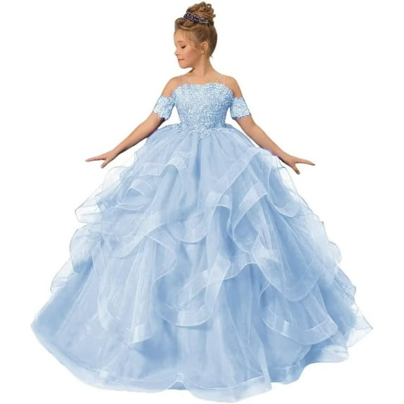 Long Dresses Lace Applique Pageant Dresses for Girls Poofy Flower Girl Dress for Wedding Toddler Ball Gown