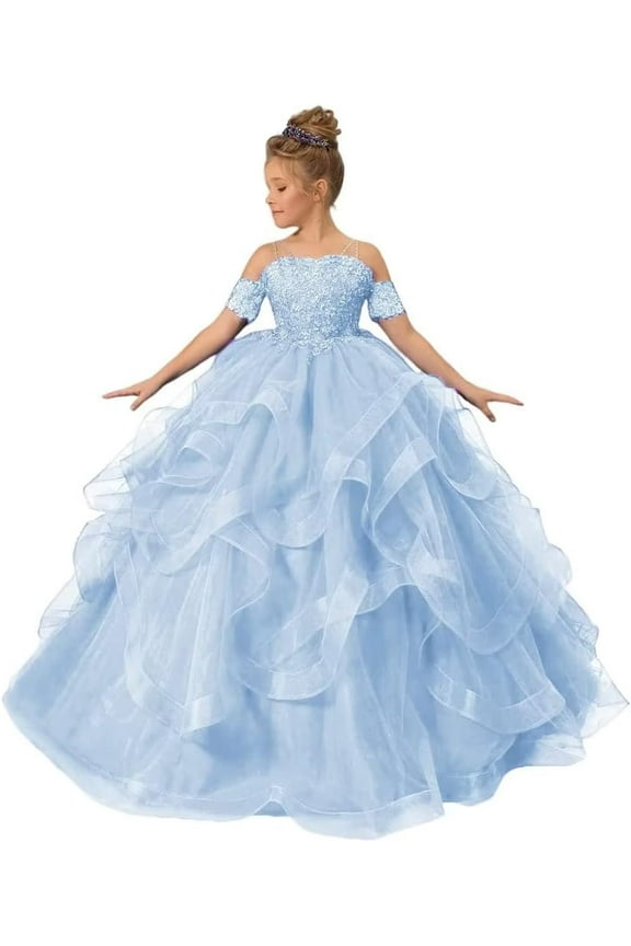 Long Dresses Lace Applique Pageant Dresses for Girls Poofy Flower Girl Dress for Wedding Toddler Ball Gown