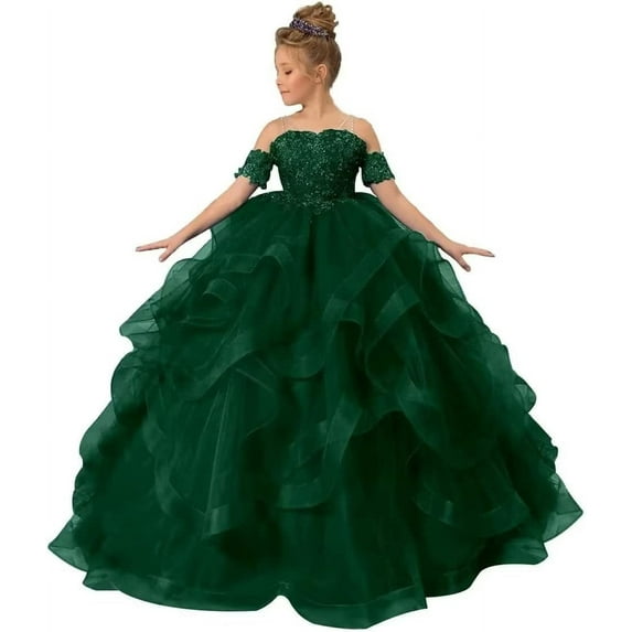 Long Dresses Lace Applique Pageant Dresses for Girls Poofy Flower Girl Dress for Wedding Toddler Ball Gown