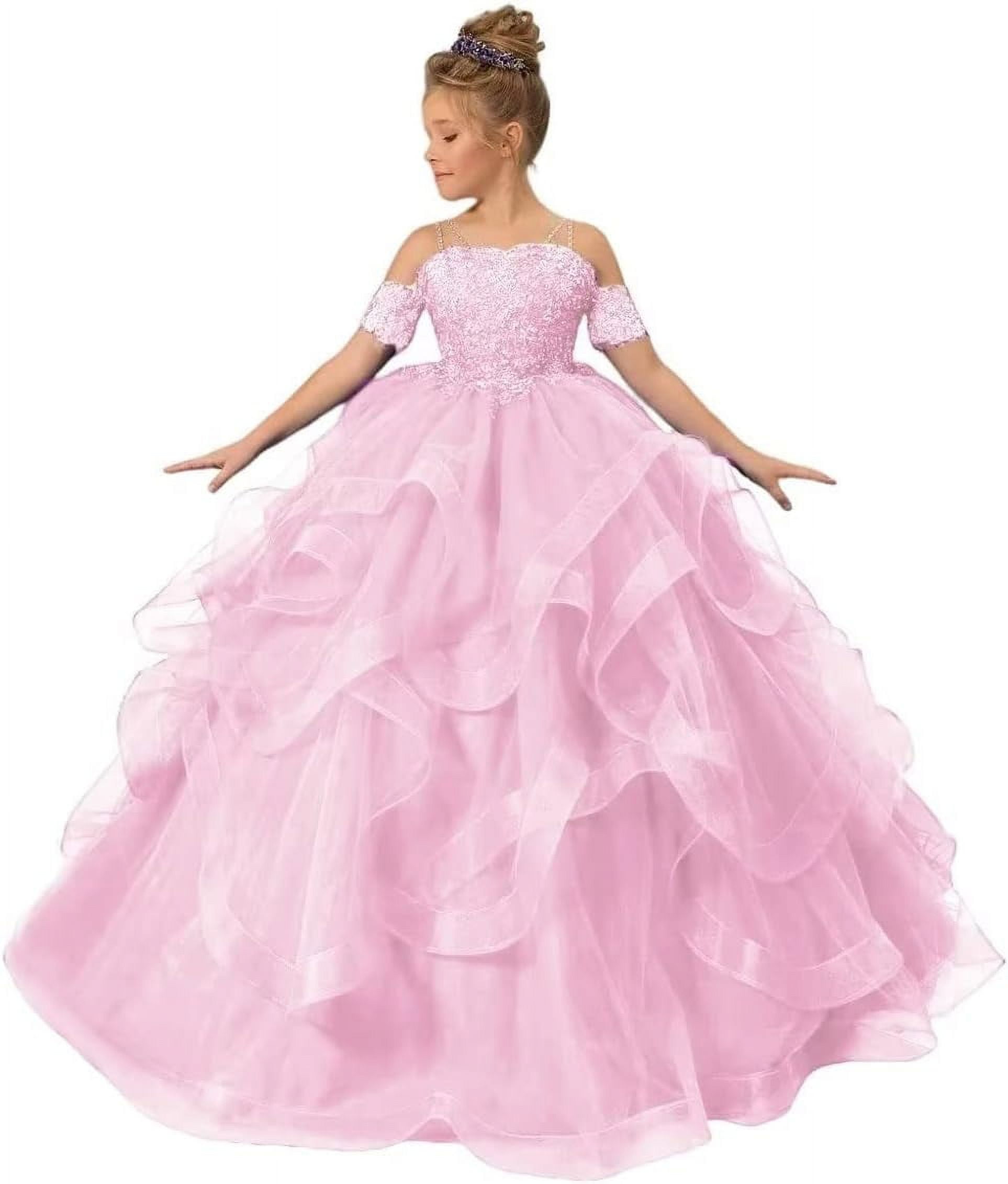 Long Dresses Lace Applique Pageant Dresses for Girls Poofy Flower Girl Dress for Wedding Toddler Ball Gown