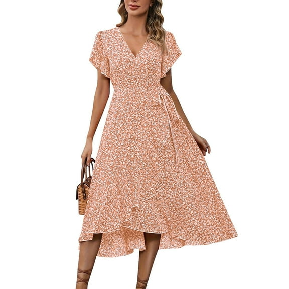 Long Dresses For Women Casual, V Neck Floral Boho Dress With Waist Tie Short Ruffle Sleeve Cocktail Dress Wedding Guest Party Beach Summer 2025 Elegant A-Casual Maxi Dresses (M, Saffron) ZMTing