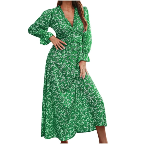 Long Dresses for Women UK Elegant Floral Ruffle Sexy V Neck Long Sleeve Dress Cuff Sleeve Ankle Length Casual Loose Maxi Dress Autumn Ladies Dresess Size 8-14