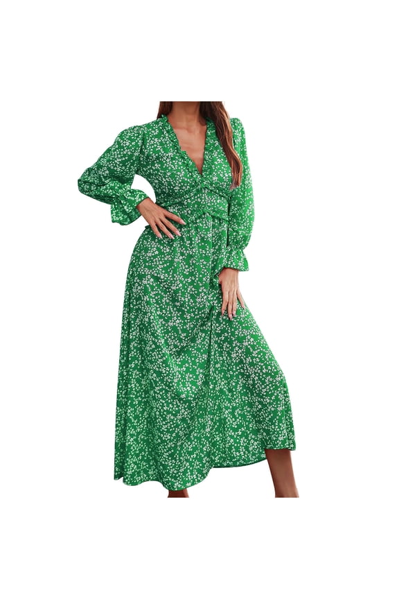 Long Dresses for Women UK Elegant Floral Ruffle Sexy V Neck Long Sleeve Dress Cuff Sleeve Ankle Length Casual Loose Maxi Dress Autumn Ladies Dresess Size 8-14