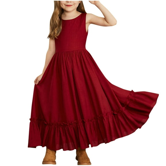 Long Dresses for Girls Size 10 Trendy Sleeveless Aline Swing Flowy Tiered Party Dress Beach Holiday Summer Sundress Red 3 Years