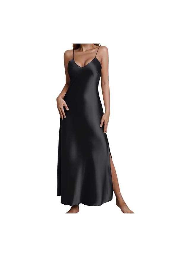 Long Dresses for Women Adjustable Spaghetti Strap V Neck Dress with Side Slits Summer Soft Loose Tunic Flowy Dress