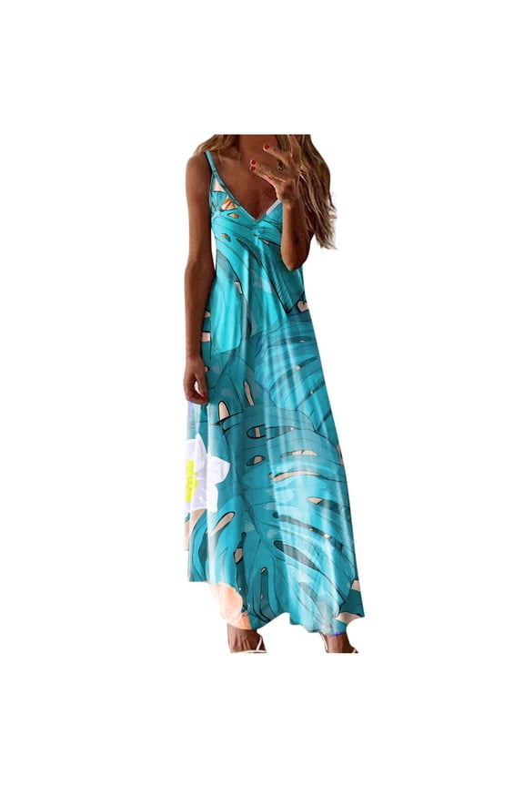 Long Dresses for Women Casual Sunflower Print Maxi Dress Spaghetti Strap Sleeveless Sundress Pleated Waist V Neck Dress