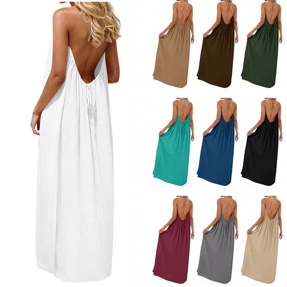 Long Dresses for Women Halter Backless Flowy Maxi Dresses Summer Casual Beach Dress Loose Comfort Fit Loungewear with Back Tie White Dress,Size S-2XL
