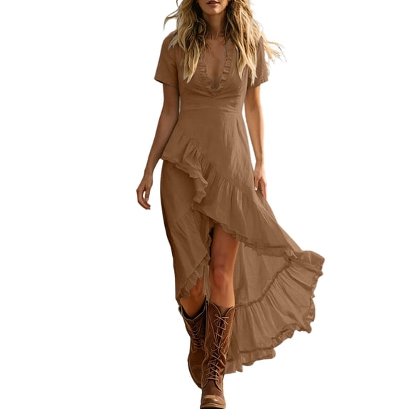 Long Dresses for Women Plus Size Fashion V Neck Short Sleeve Ruffled Maxi Dress Summer Casual Sundresses