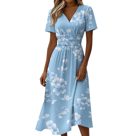 Long Dresses for Women Short Sleeve Wrap V-Neck Modest Dresses A-Line Beach Vacation Dresses 2026