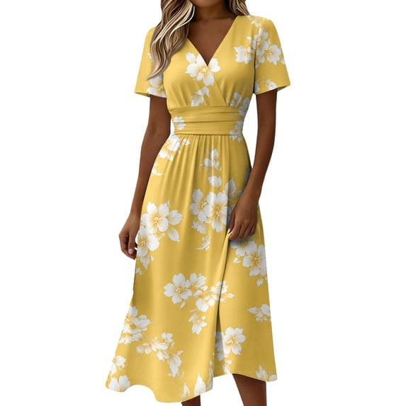 Long Dresses for Women Short Sleeve Wrap V-Neck Modest Dresses A-Line Beach Vacation Dresses 2026