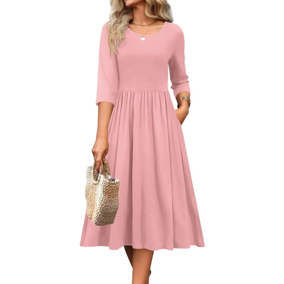 Long Dresses for Women Solid Color Long Sleeve Crew Neck Maxi Flowy Dress with Pocket Long Sleeve Dress, 1-Pink S
