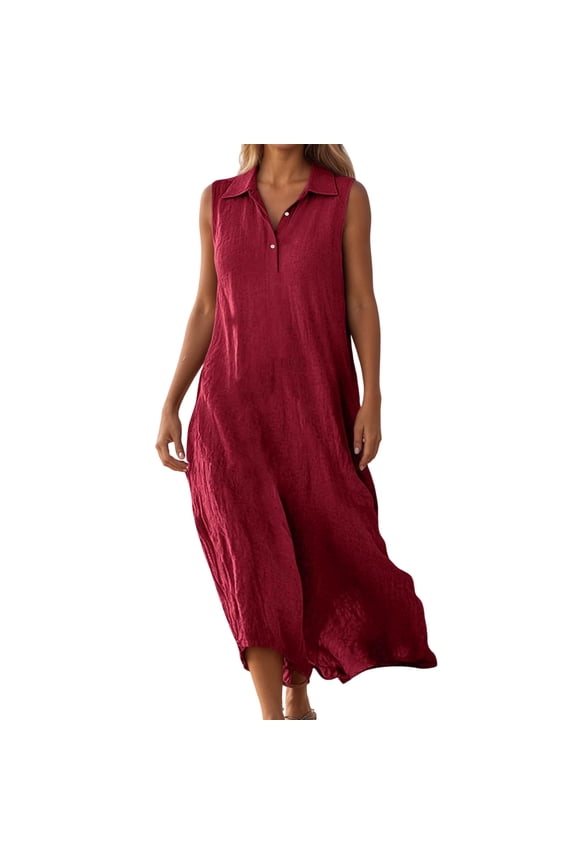 Long Dresses for Women Women's Casual Summer Linen Turn Down Collar Sleeveless Maxi Beach Dress Solid Color Breathable Brick Red XXL