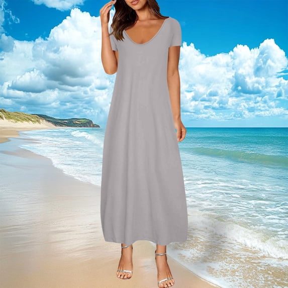 Long Dresses for Women Womens Loose Casual Maxi Dress Short Sleeve V Neck Solid Color Flowy Long Dress for Loungewear Daily Wear Gray L