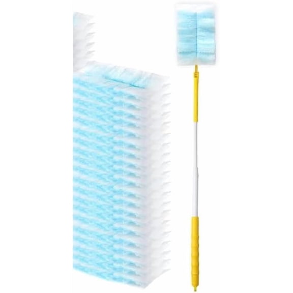 Long Duster with 60 Count Electrostatic Duster Refills, 2-Sided Blue Disposable Dusting Cloths & Adjustable Retractable Handle for Multi-Surface Cleaning, Furniture, Blinds, Ceiling Fans