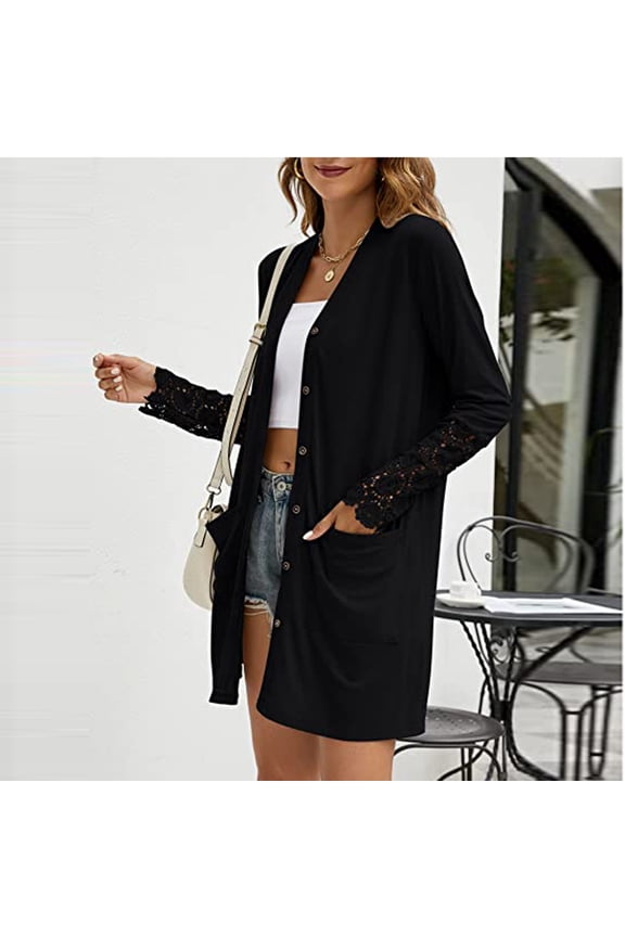 Long Duster Cardigans for Women Lightweight Open Front Dressy Lace Embroidered Sleeves Casual Loose Fit Jackets