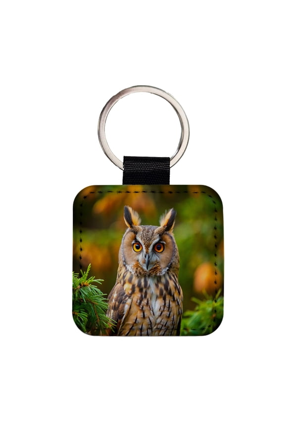 Long-Eared Owl Raptor Bird Of Prey Faux Leather Square Keychain