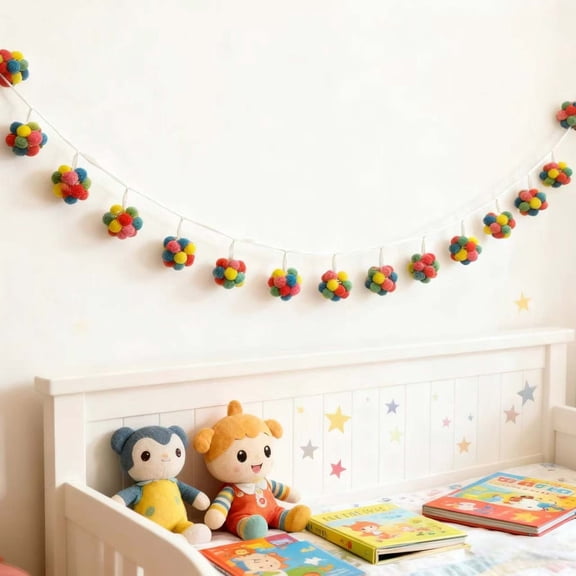 Long Easter Bobble Garland, 16 Colorful Pastel Lint Balls Spring Hanging Banner, Festive Easter Decor for Walls, Mantels, Soft Plush Garland that Enhances Easter and Spring Ambiance, 77in, Colorful