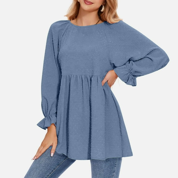 Long Elastic Sleeves Shirts For Women Crewneck Pleated Tops Loose Blouse Fashion Cute Shirt Mini Dress Spring Fall Long Sleeve Shirt Plain Women Women's Casual Shirts Womens Oversized Tee Long Shirt