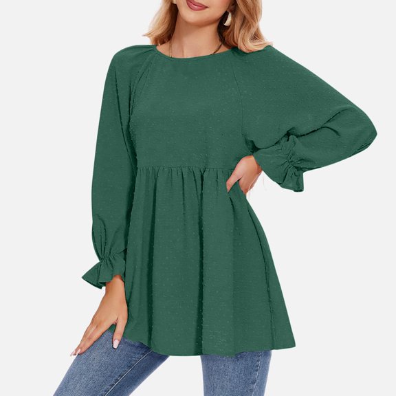 Long Elastic Sleeves Shirts For Women Crewneck Pleated Tops Loose Blouse Fashion Cute Shirt Mini Dress Spring Fall Long Sleeve Shirt Plain Women Women's Casual Shirts Womens Oversized Tee Long Shirt