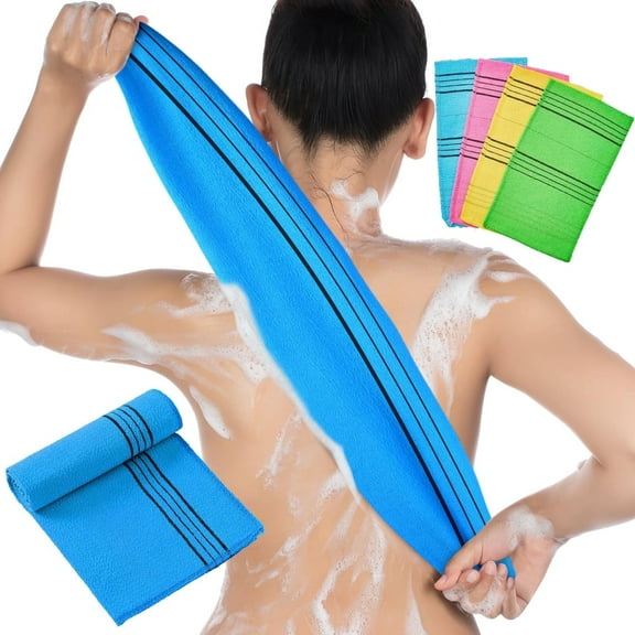 BlueVenture 1 Long Exfoliating Back Washcloth Bath Towel and 4 Korean Exfoliating Mitt Italy Towel Korean Wash Cloth Korean Body Scrubber for Women Men Shower Dead Skin Removing Dry Skin