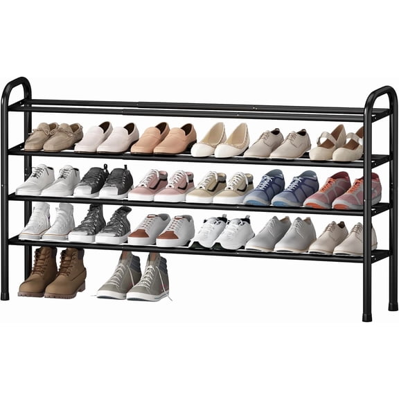 Long Expandable Shoe Rack 4-Tier, Adjustable Length 33.747.5 Organizer, Metal Shoes Storage Shelf, Holds Up to 30 Pairs, Non-Slip Feet, for Closet, Entryway, Hallway, Front Door, Black