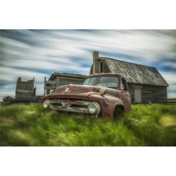 Long Exposure of Clouds Drifting Poster Print by Over An Abandoned Truck & House in A Rural Area - Saskatchewan Canada - 38 x 24 in. - Large