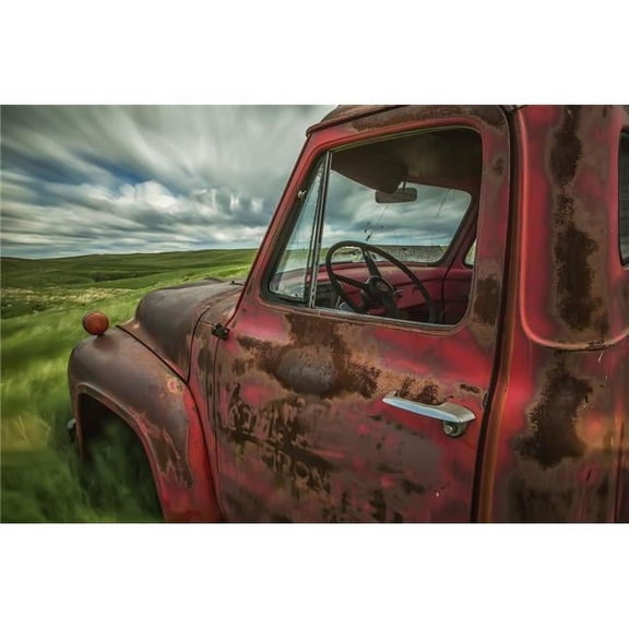 Long Exposure of Clouds Drifting by Over An Abandoned Truck in A Rural Area - Saskatchewan Canada Poster Print - 38 x 24 in. - Large