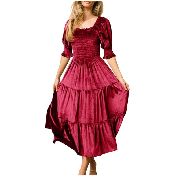 Long Fall Dresses Womens Fall Winter Velvet Dress Puff Sleeve Squares Neck Smocked Tiered Ruffle A-Line Flowy Midi Dress S-226 Wine M